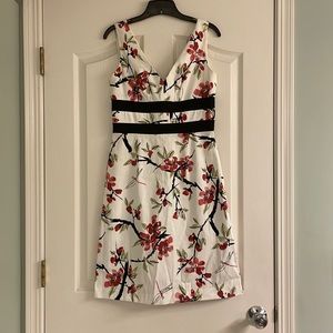 Donna Ricco White Floral Midi Dress with Red Blossoms and Black Waistband Size 4